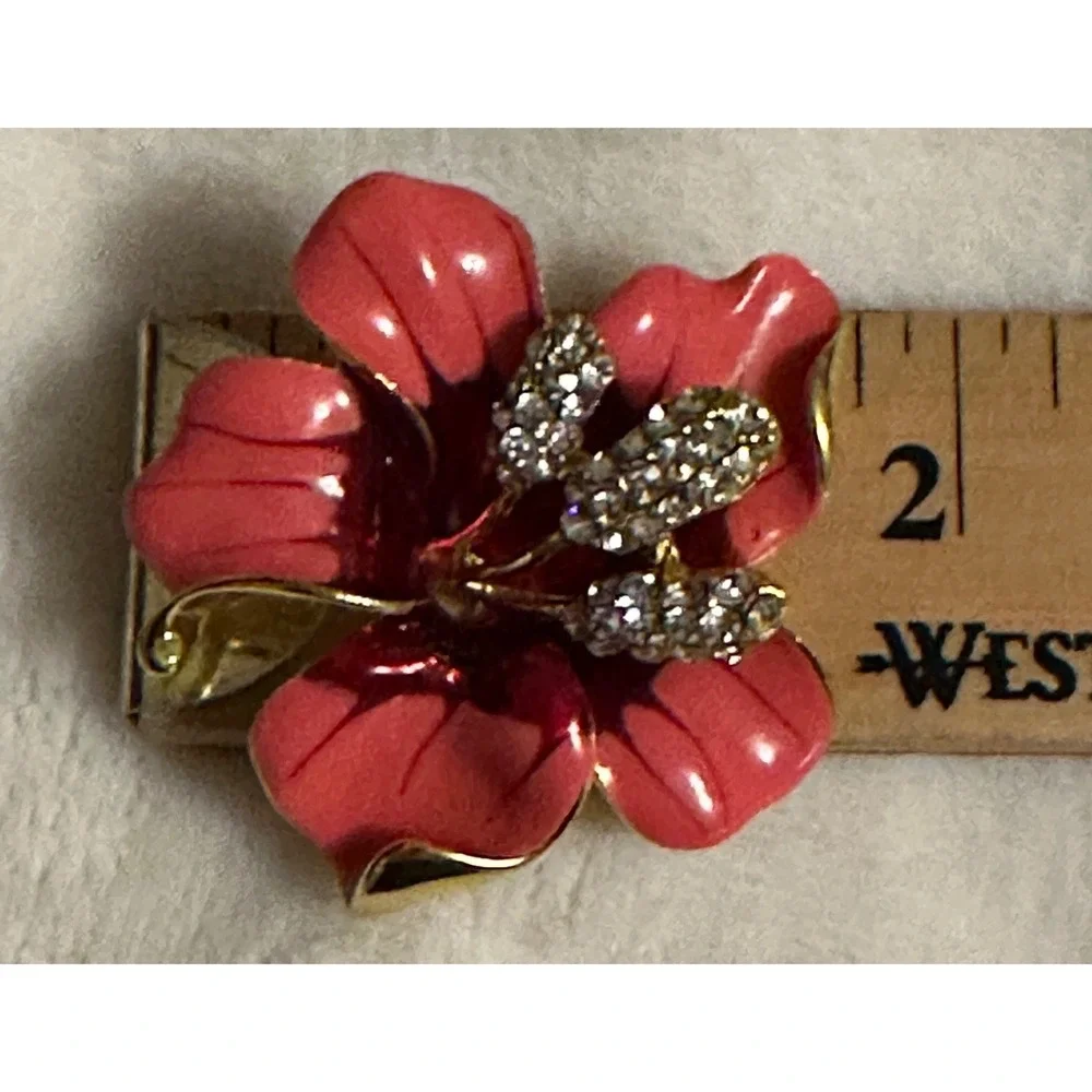Vtg Hibiscus Flower Brooch Coral Pink Red Enamel Rhinestone Gold Tone Floral Pin